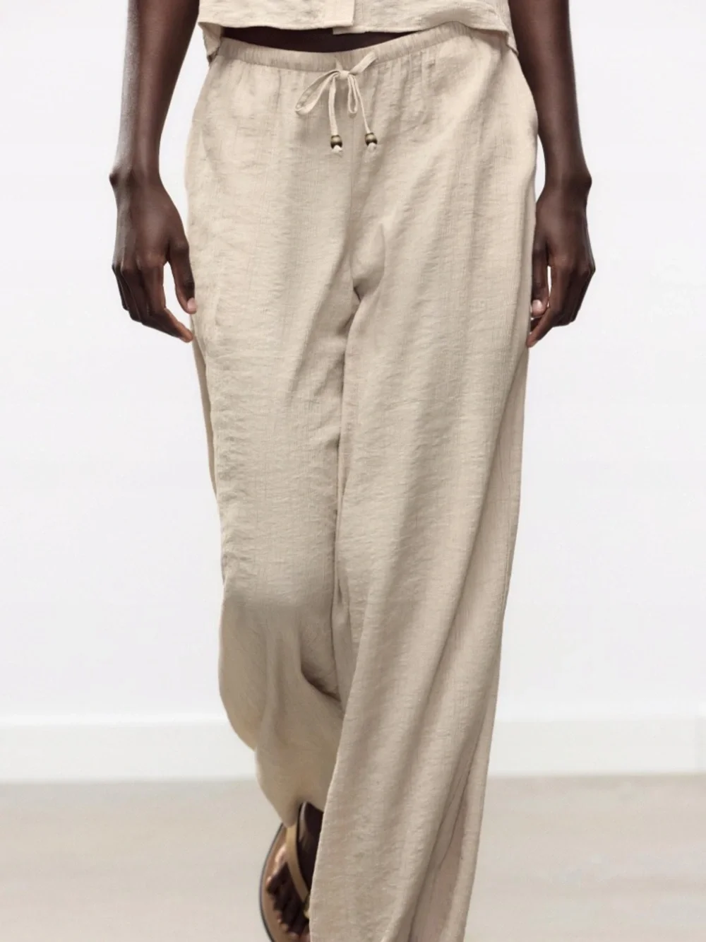 Zara Wide-Leg Linen-Blend Pants in Light Beige